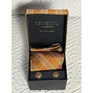 Venetto Collection Plaid Tie Pocket Square Cufflinks Set 3pc Classic Formal Gift